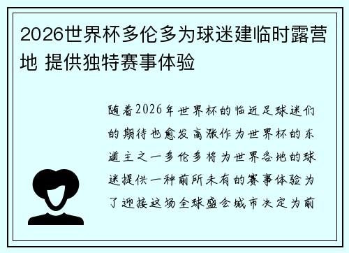 2026世界杯多伦多为球迷建临时露营地 提供独特赛事体验 2026世界杯多伦多为球迷建临时露营地 提供独特赛事体验