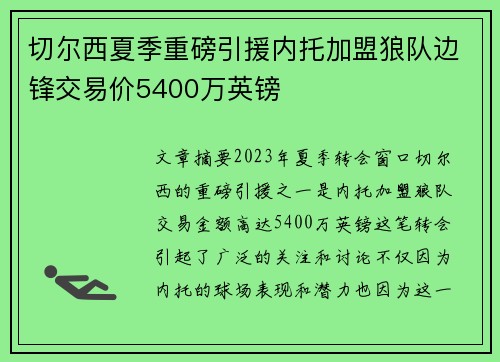 切尔西夏季重磅引援内托加盟狼队边锋交易价5400万英镑 切尔西夏季重磅引援内托加盟狼队边锋交易价5400万英镑